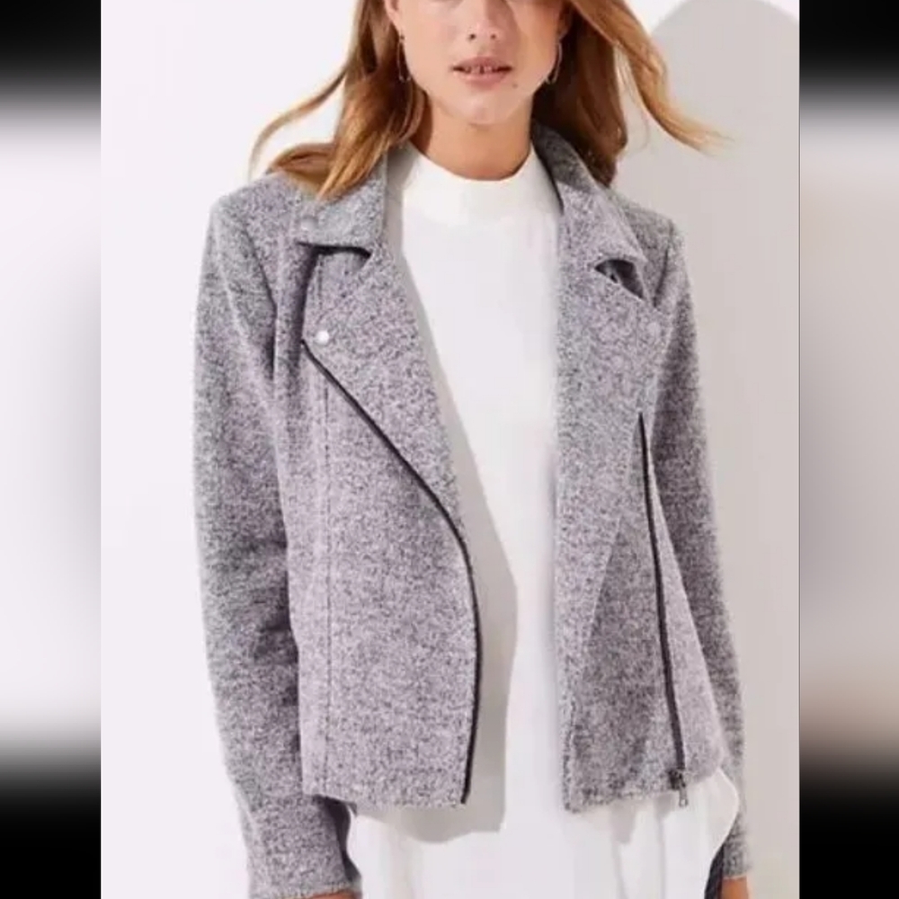 LOFT Marled Gray Knit Zip Moto Jacket Size Small